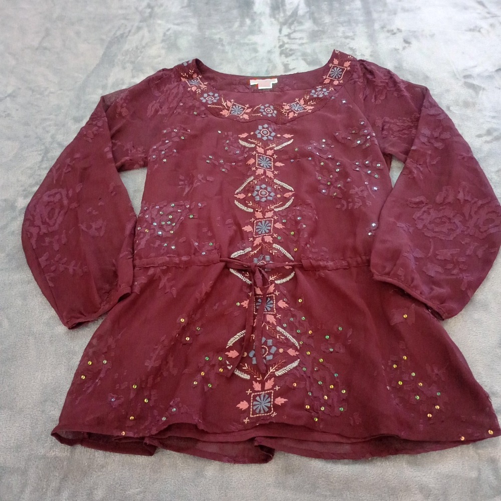 Sundance Blouse Womens Size Small Burgundy Embroidered Boho‎ Cottage Romantic